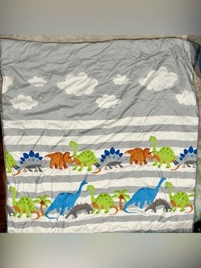 Cute Dinosaur Stripe Kids Comforter in Gray, Green & Blue